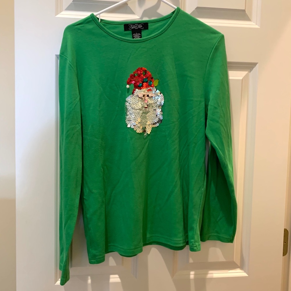 Ugly Christmas Santa Sequin Long Sleeve Tee L